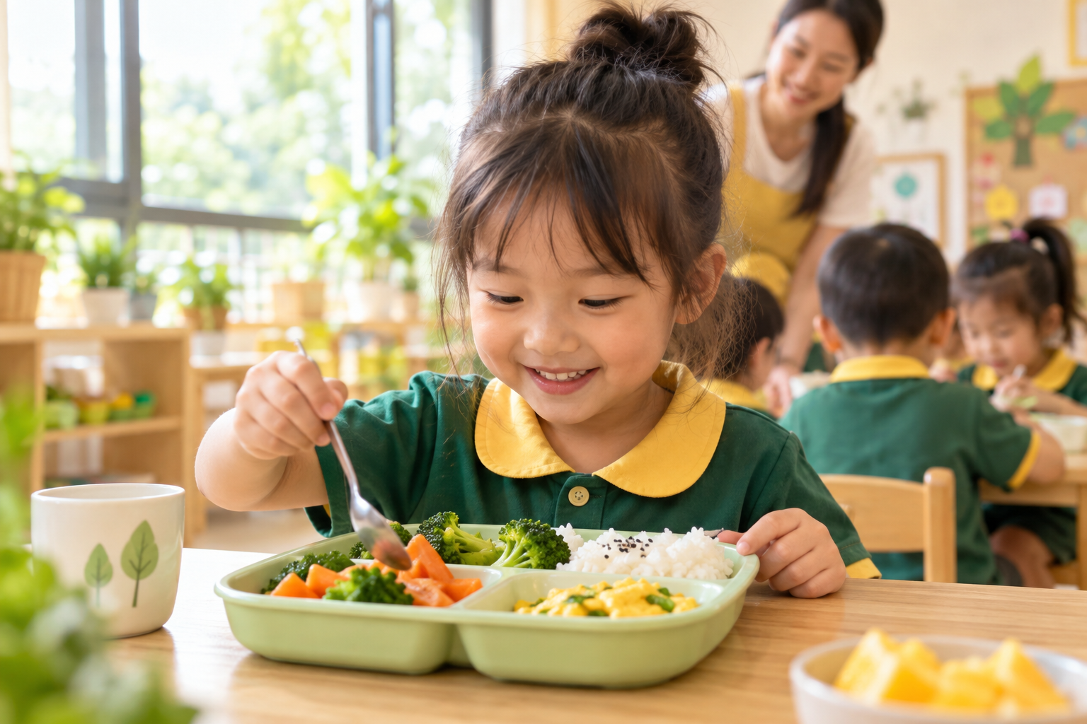 孩子在幼儿园愉快地探索午餐